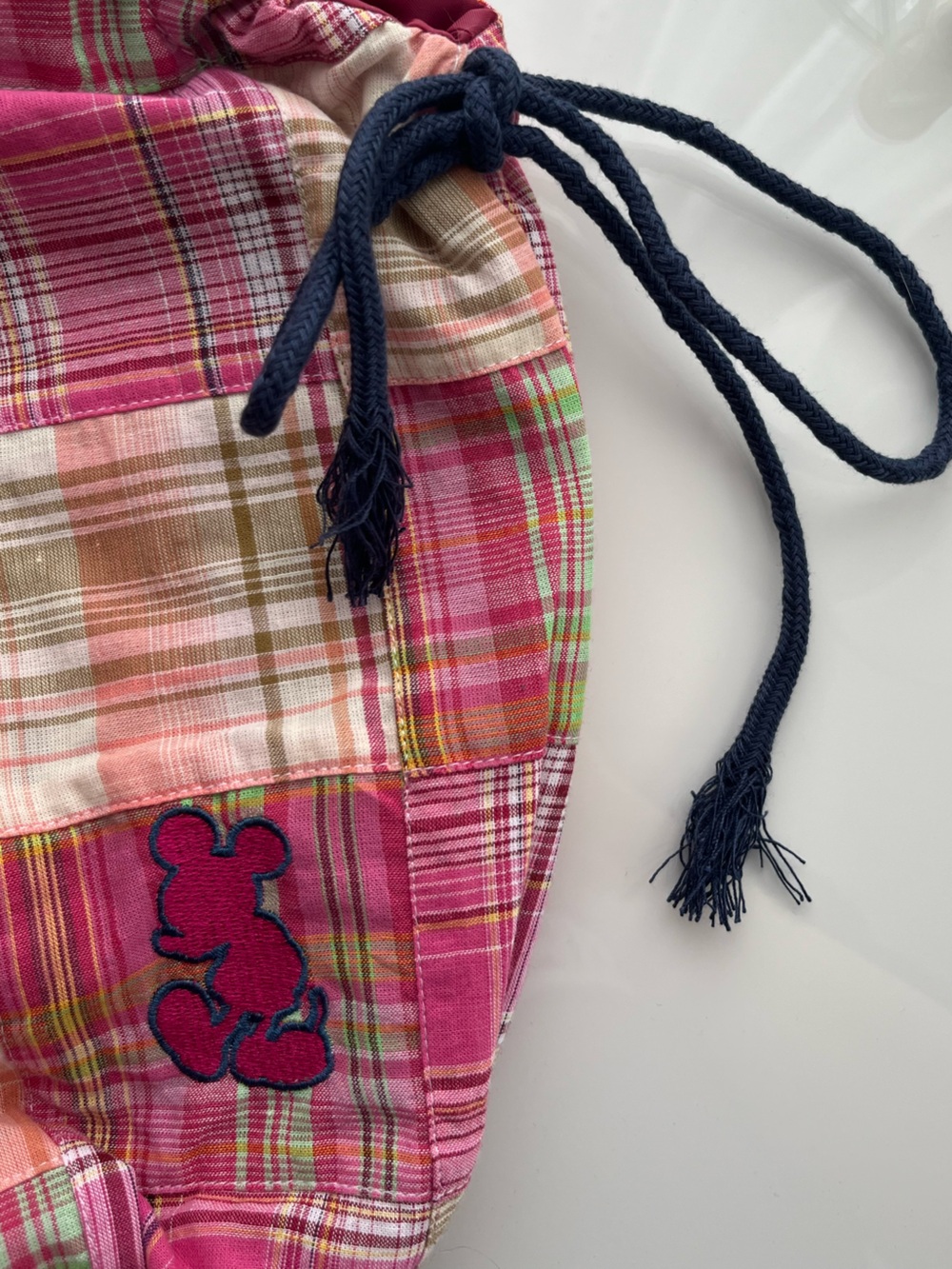 Disney Vintage Y2K Pink Plaid Patchwork Shoulder Bag with Navy Drawstrings - Picture 4 of 7